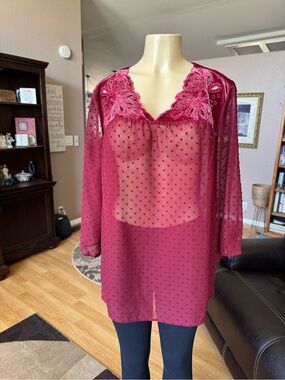 Style and Co sheer red velvet yoke V/neck blouse-size L